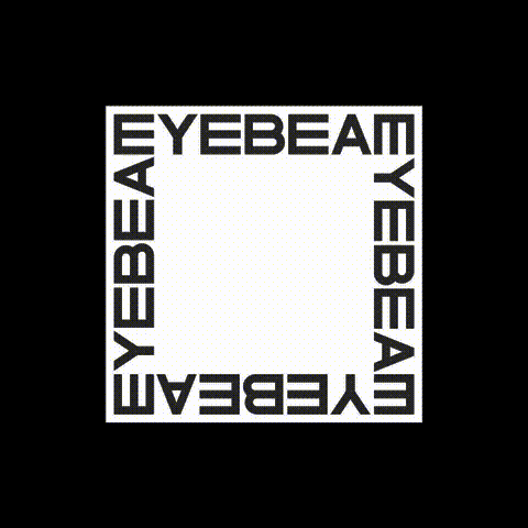 Animated GIF of a rotating 3D Cube with Eyebeam Logo on it that flashes back and forth between a wireframe.